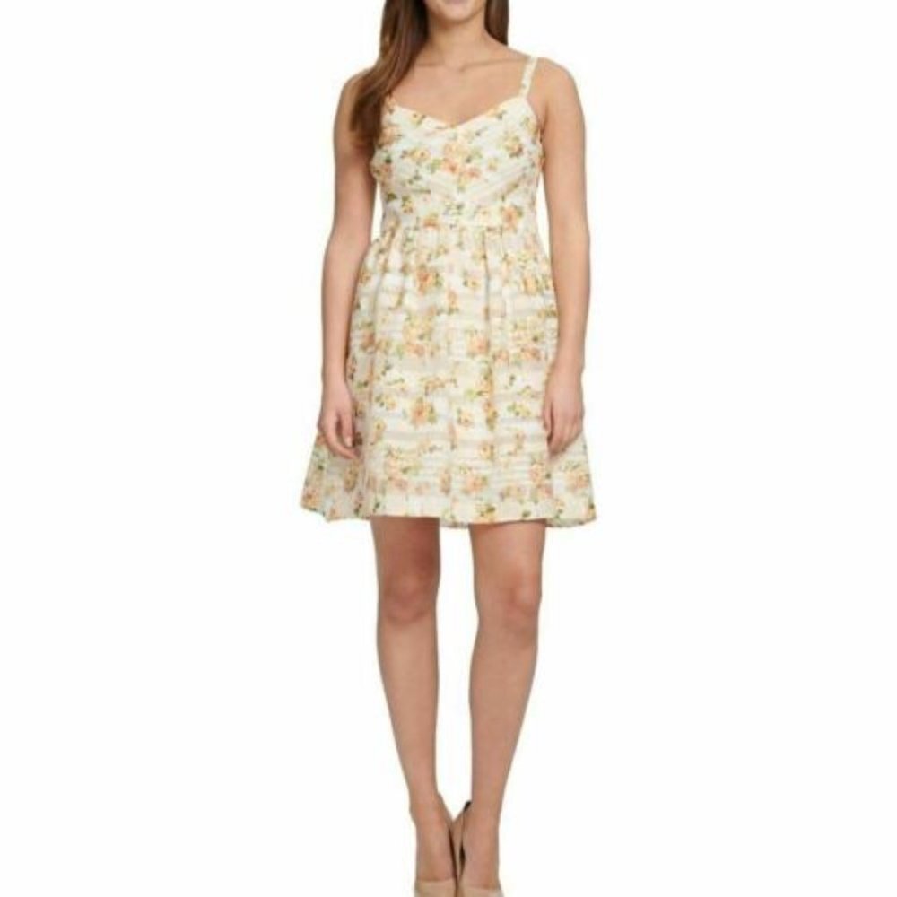 KENSIE Womens Yellow Floral Spaghetti Strap V Neck Mini Fit + Flare Dress 8